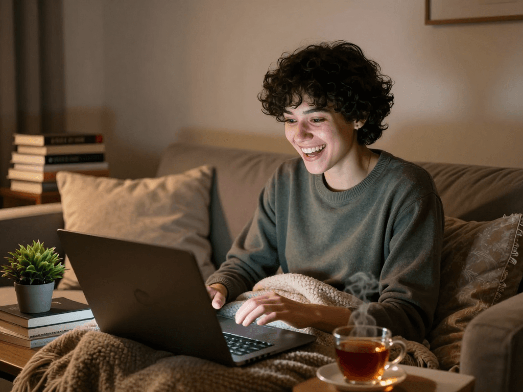 Engaging in NSFW AI chat in a cozy intimate setting with warm lighting.