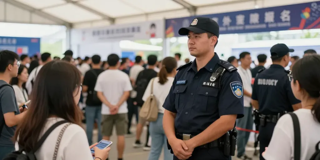 Security Guard ensuring safety at a community event with local services.