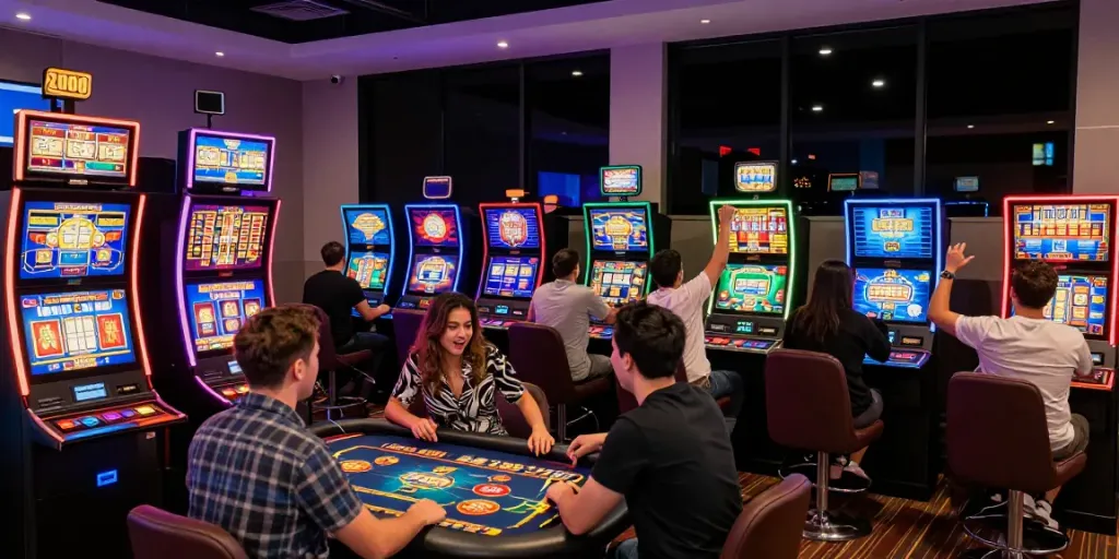 Exciting non UK casinos gaming atmosphere with diverse players engaged in digital games.