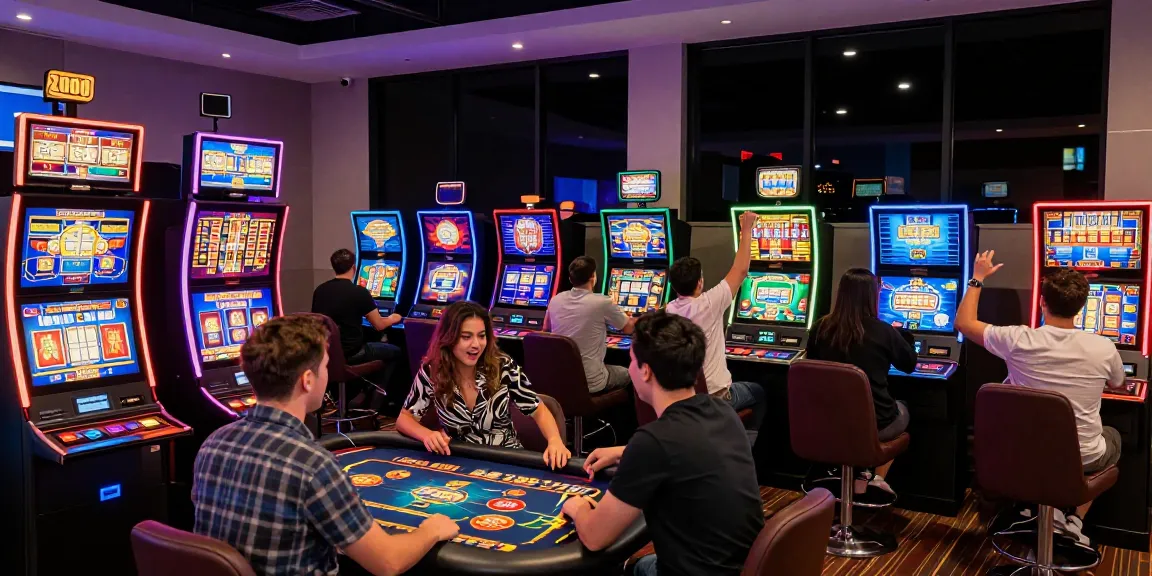 Exciting non UK casinos gaming atmosphere with diverse players engaged in digital games.
