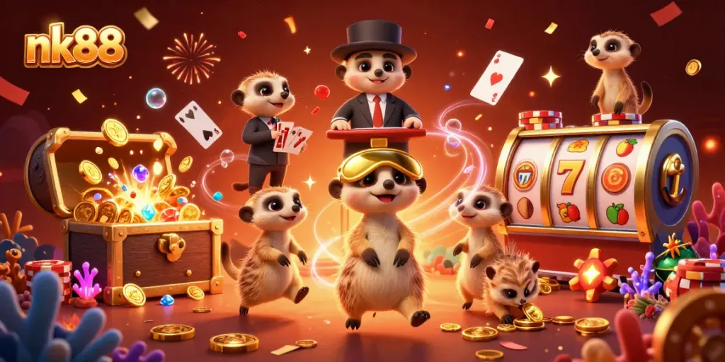 Experience exciting casino action with nk88 as playful meerkats manage a colorful gaming scene.