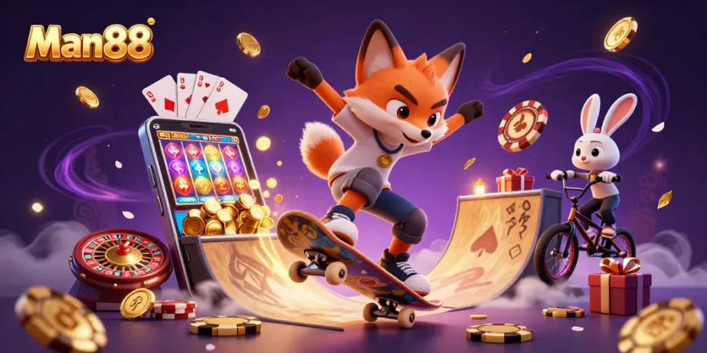 Experience gaming excitement at Man88 with a vibrant 3D illustration of casino-themed characters and action