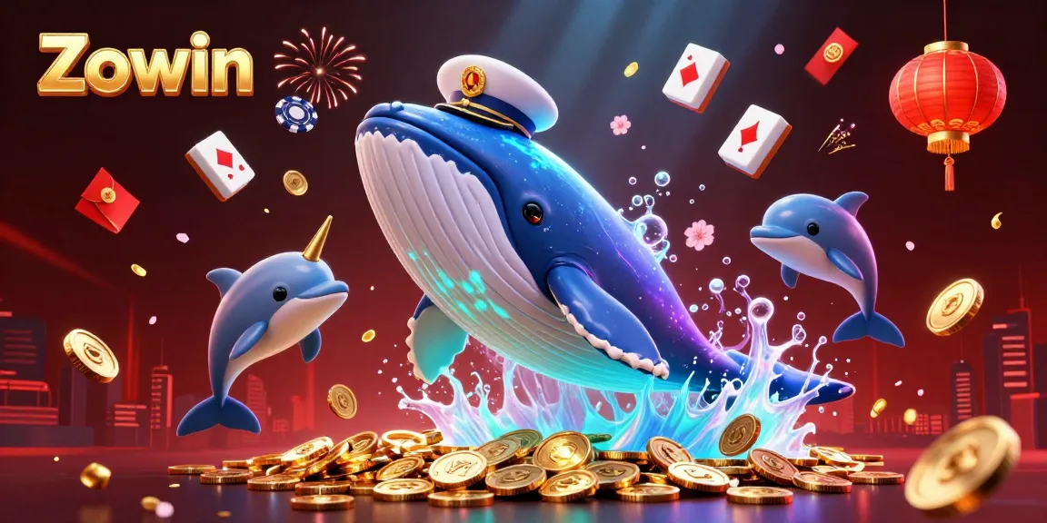 Zowin casino illustration featuring a whale, narwhal, and dolphins with playful gaming elements.