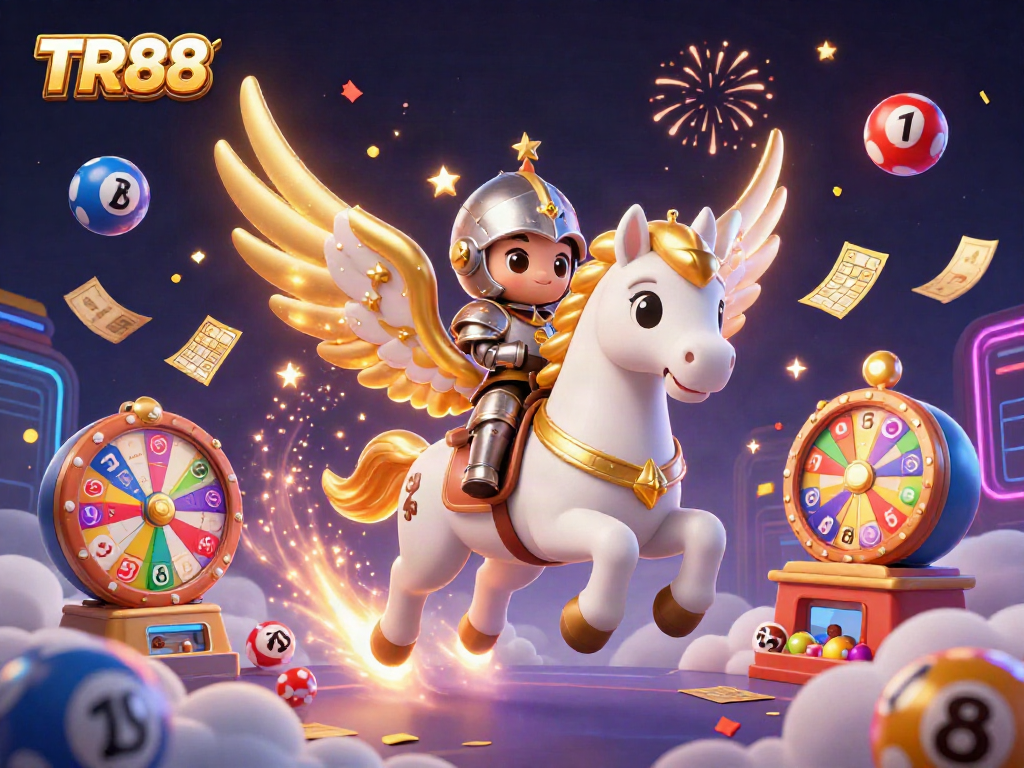Experience the excitement of TR88 with a vibrant lottery scene featuring dynamic characters and game elements.