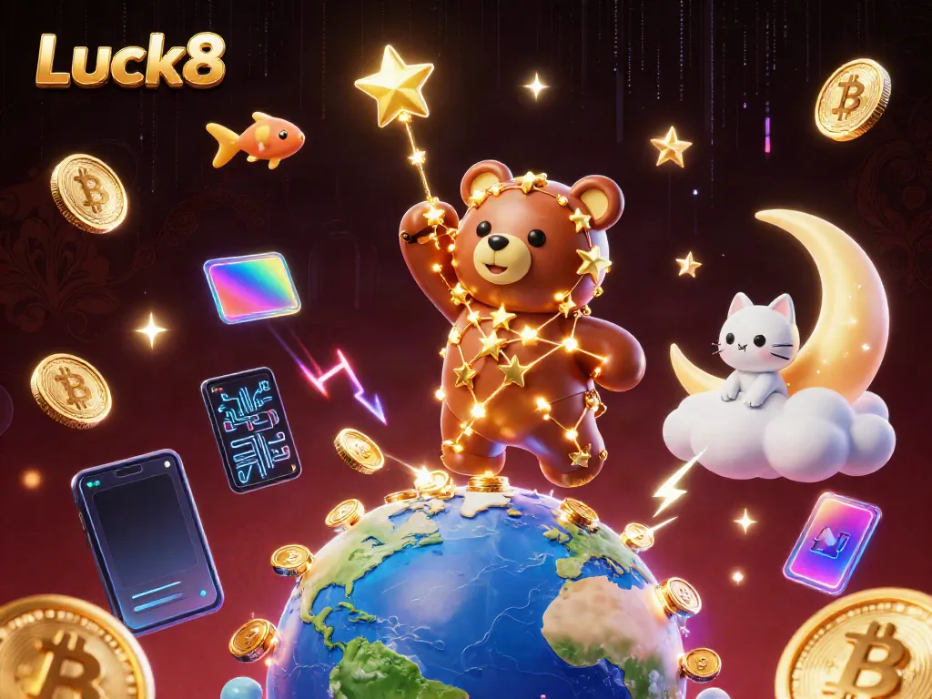 Experience Luck8 with a lively scene of a unique bear scooping coins, surrounded by vibrant crypto symbols.