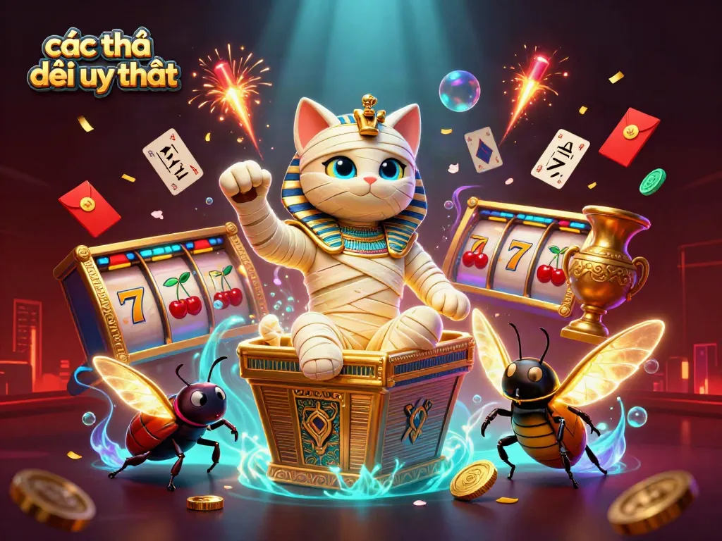Experience thrilling gaming at các nhà cái uy tín featuring a vibrant casino scene with an Egyptian mummy cat and slot reels.