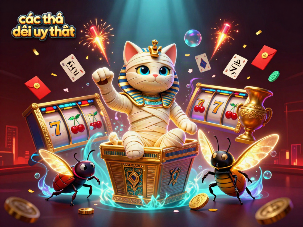Experience thrilling gaming at các nhà cái uy tín featuring a vibrant casino scene with an Egyptian mummy cat and slot reels.