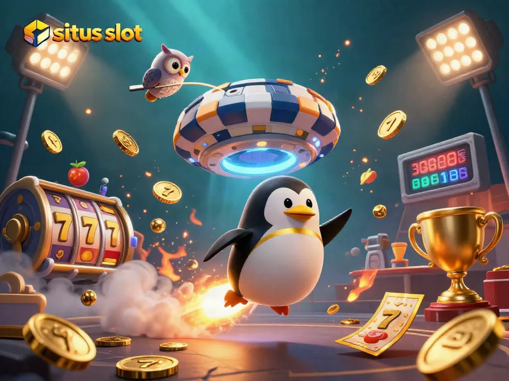 Experience the thrill of situs slot with a golden penguin soaring toward a casino jackpot.