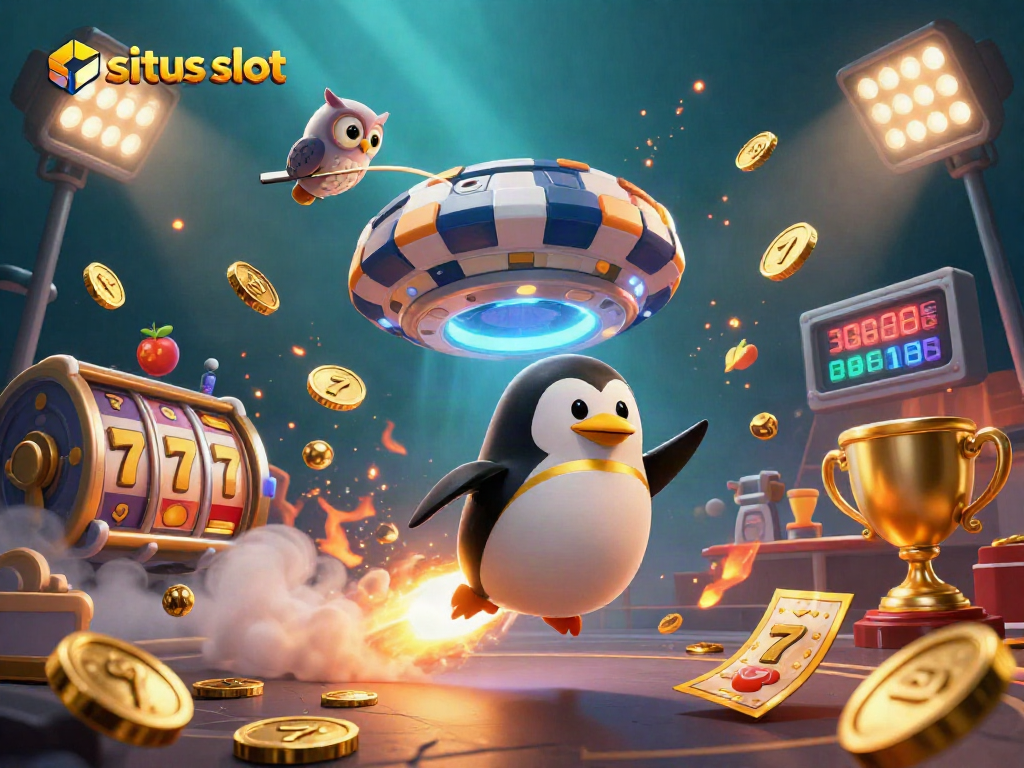 Experience the thrill of situs slot with a golden penguin soaring toward a casino jackpot.