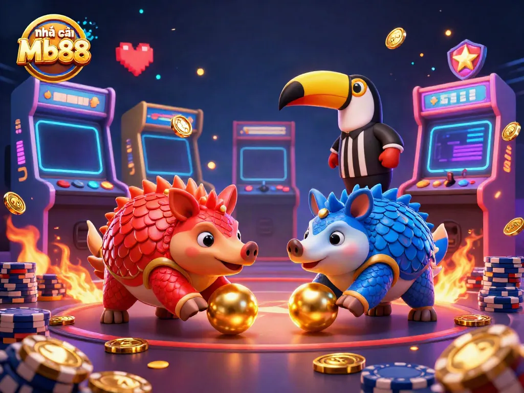 Experience gaming thrills with nhà cái Mb88 featuring colorful pangolins in a vibrant casino atmosphere.