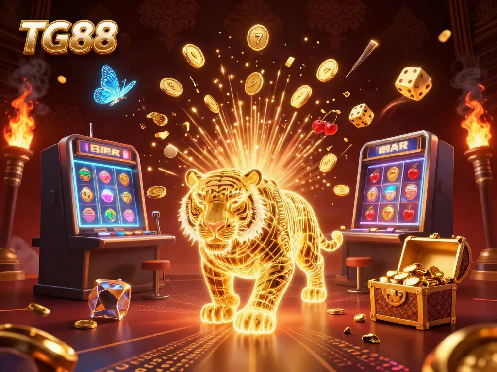 Experience the excitement of TG88 with a golden tiger navigating a vibrant casino landscape.