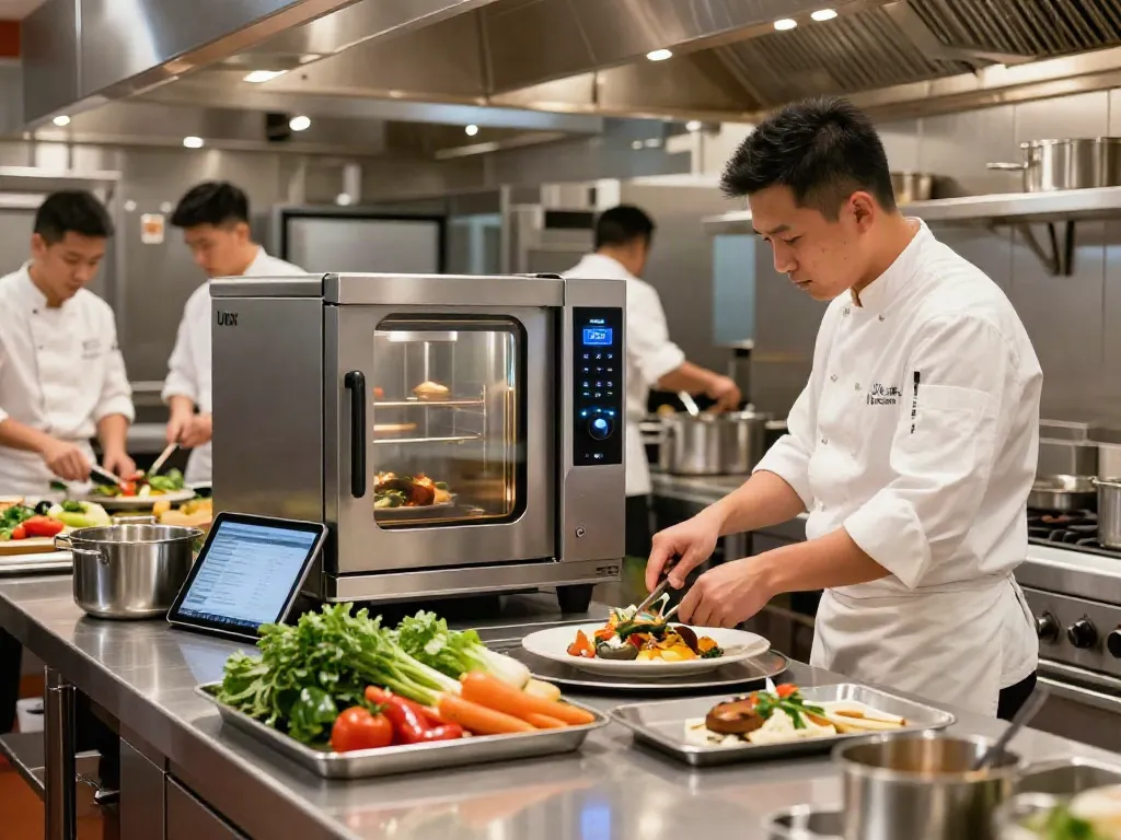 Chef using Unox Ovens to prepare gourmet dishes in a modern kitchen.
