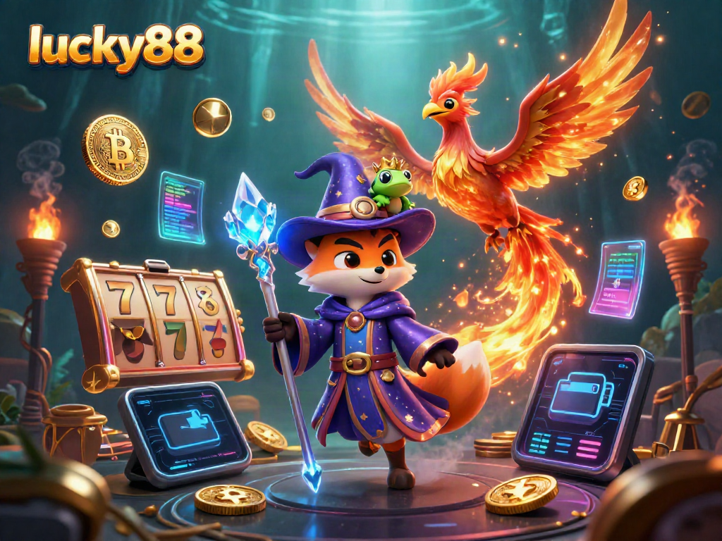Experience lucky88 with this mystical illustration featuring a wizard fox, phoenix, and dynamic casino elements.