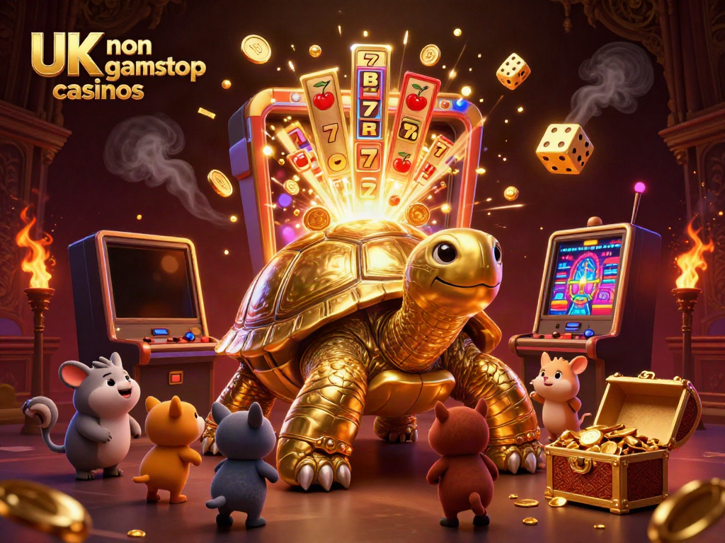 Engage with UK non gamstop casinos illustrated by a playful golden tortoise and vibrant gaming elements.