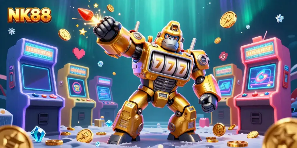 Play exciting games and win with NK88, featuring a dynamic golden gorilla mech and casino elements.