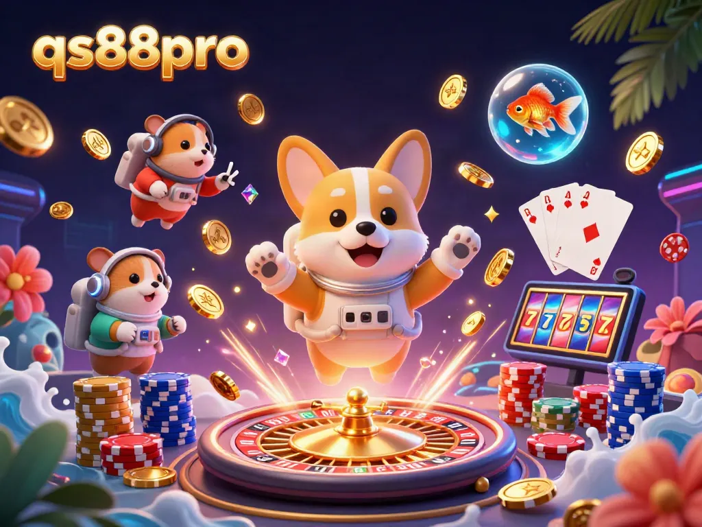 Experience qs88pro's thrilling casino atmosphere with a playful astronaut corgi and vibrant gaming elements.