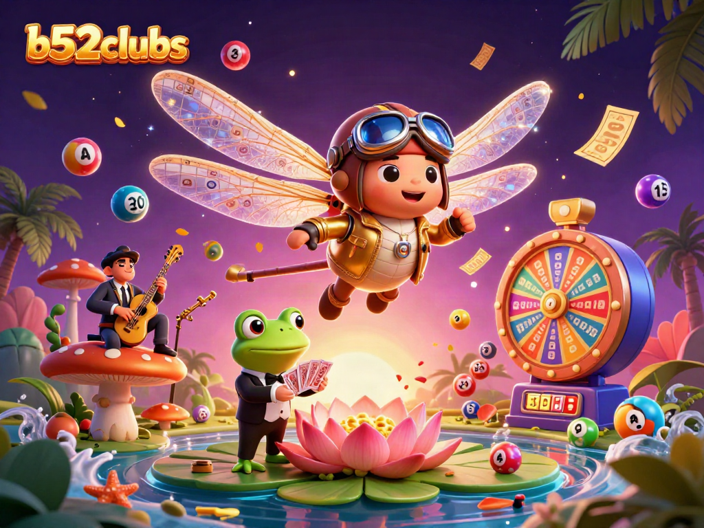 Engage in thrilling gameplay at b52clubs with a vibrant casino scene showcasing a dragonfly pilot and frog croupier.