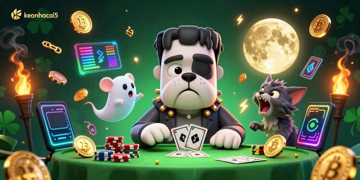 Join the exciting action at keonhacai5 as Frankenstein bulldog deals cards amidst a ghostly casino scene.