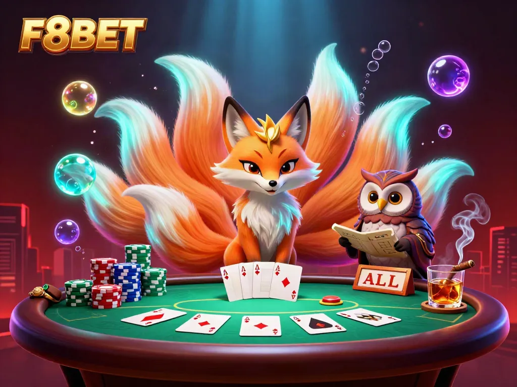 Experience the vibrant world of F8BET with a lively poker scene featuring a nine-tailed fox, wise owl, and rich gambling elements.