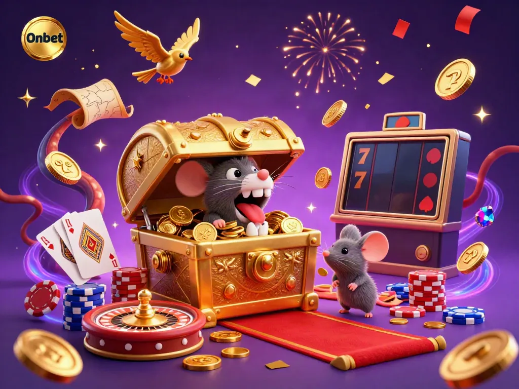 Engage with Onbet's vibrant casino scene featuring enticing game elements and animated characters.