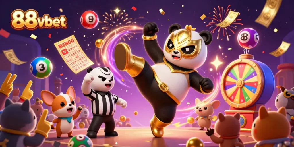 Experience exciting gaming action with 88vbet featuring a panda wrestler flying through a colorful casino scene.