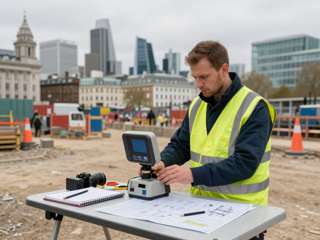 Surveyor conducting an Underground Utility Survey London, utilising advanced radar equipment at a construction site.