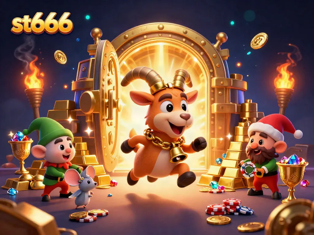 Experience thrilling games at st666 casino with a vibrant, festive 3D illustration of characters in action.