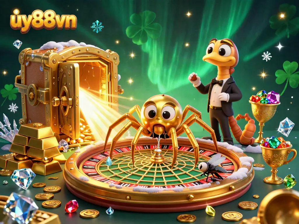 Experience thrilling bets with uy88vn in a vibrant 3D casino illustration packed with gold and gems.