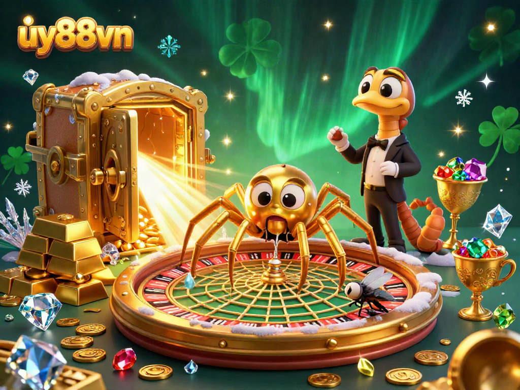 Experience thrilling bets with uy88vn in a vibrant 3D casino illustration packed with gold and gems.