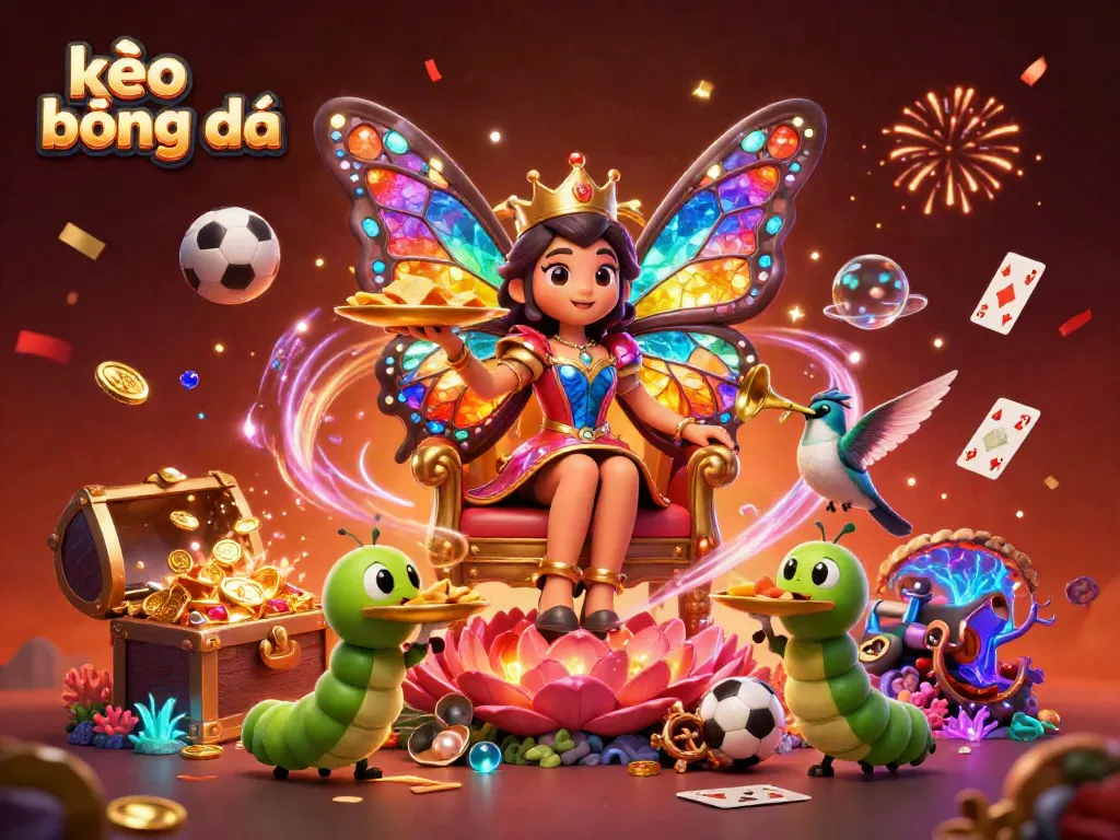 Experience kèo bóng đá in an ultra-detailed 3D illustration with a butterfly queen and betting action.