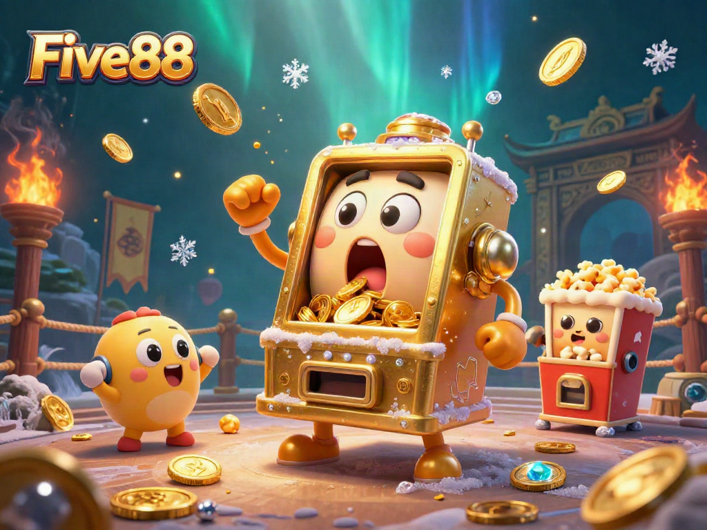 Experience thrilling slots with Five88 as golden coins pour from the jackpot slot machine in a vibrant casino scene.