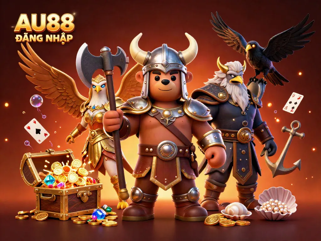 Engage in AU88 ĐĂNG NHẬP with a dynamic 3D casino scene featuring a Viking bear and Valkyrie eagle.