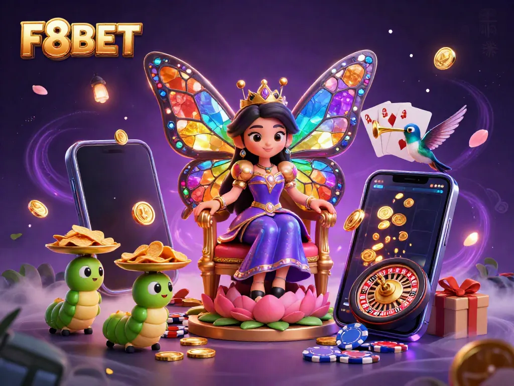 Experience F8BET's vibrant casino world with a cartoon butterfly queen and dynamic 3D gaming elements.