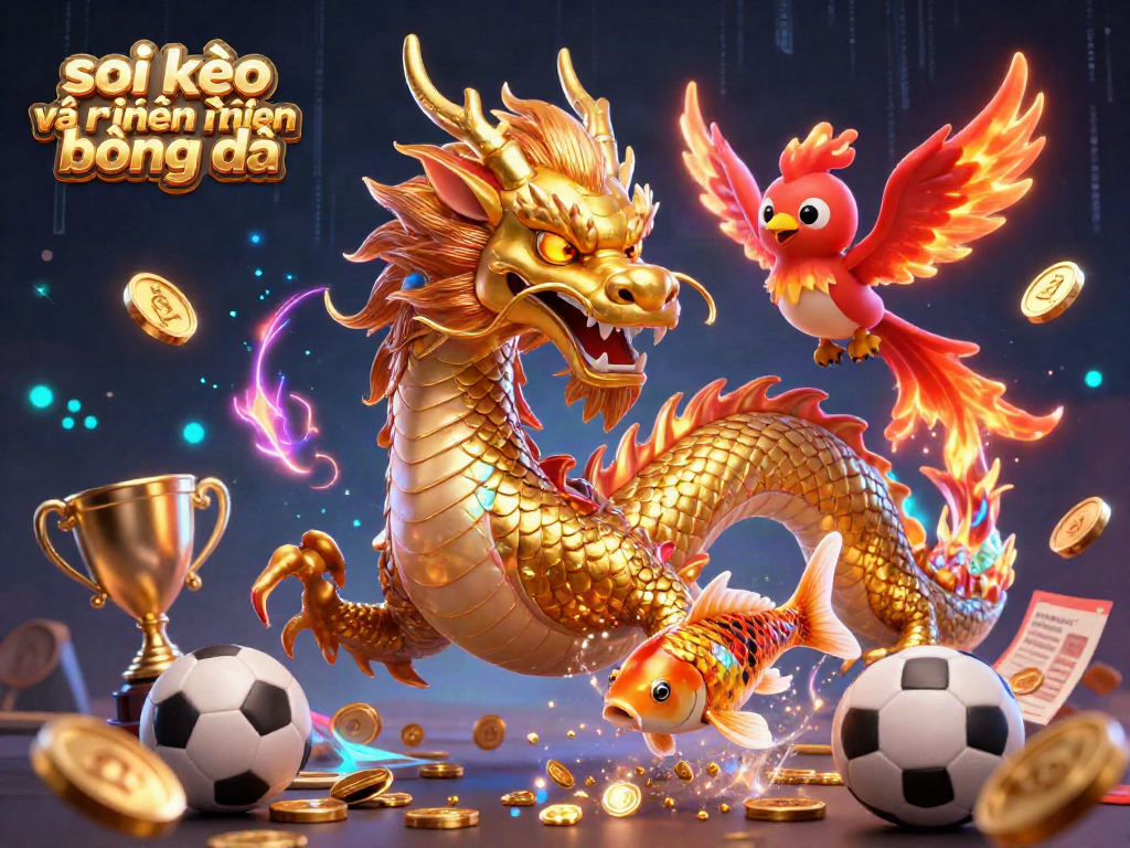 Soi kèo và nhận định bóng đá illustrated with a golden Chinese dragon, a phoenix, and betting slips in an energetic scene.