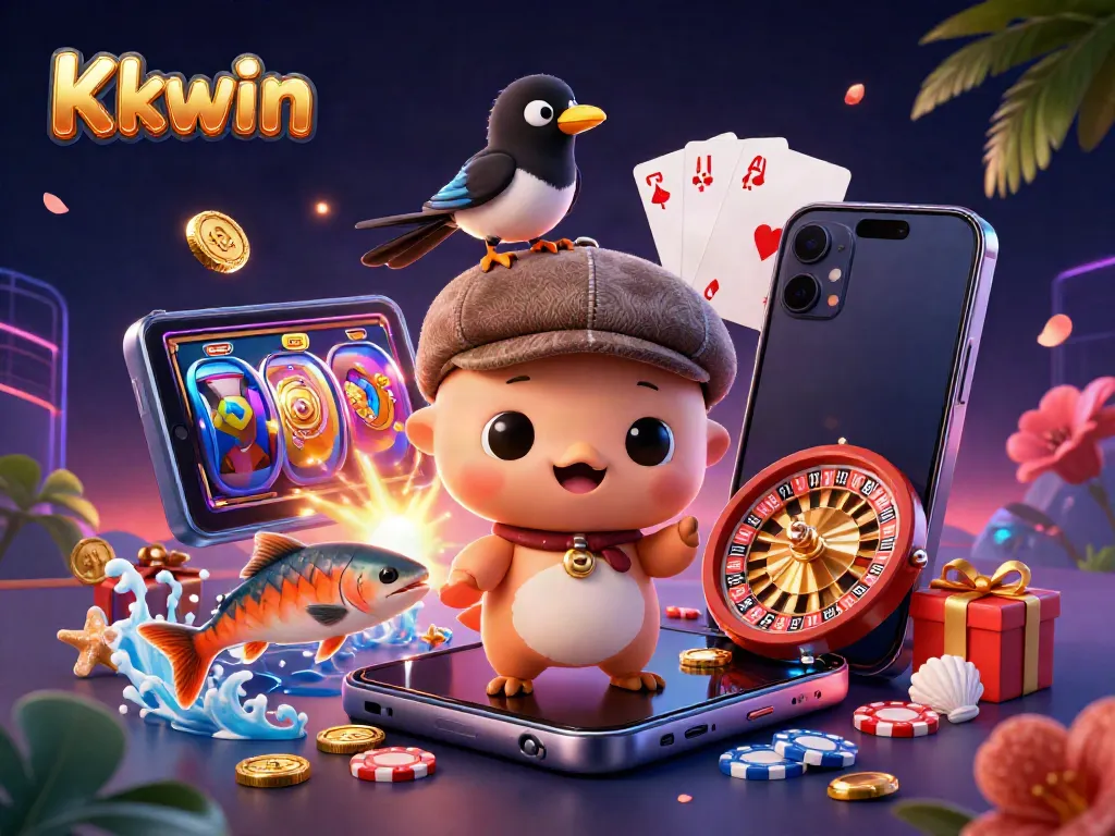 Kkwin's playful illustration showcases the excitement of online gaming with a whimsical Loch Ness monster, colorful slot game elements, and a vibrant backdrop.