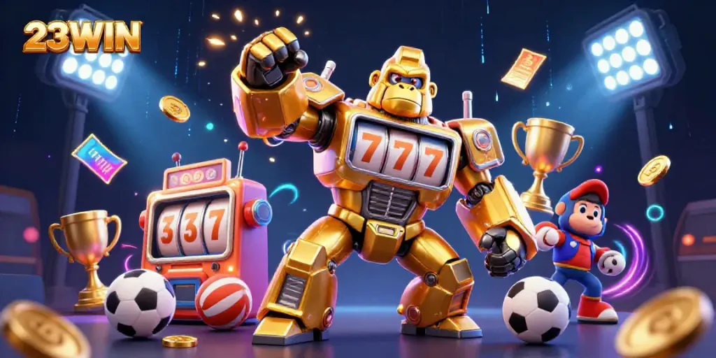 Engage in thrilling experiences with 23WIN, showcasing a dynamic gorilla mech and vibrant casino elements.