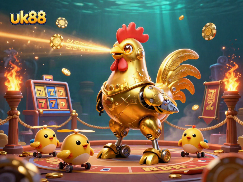 Engage with exciting features of uk88, showcasing vibrant slot reels and a dynamic golden rooster robot in a casino-themed illustration.