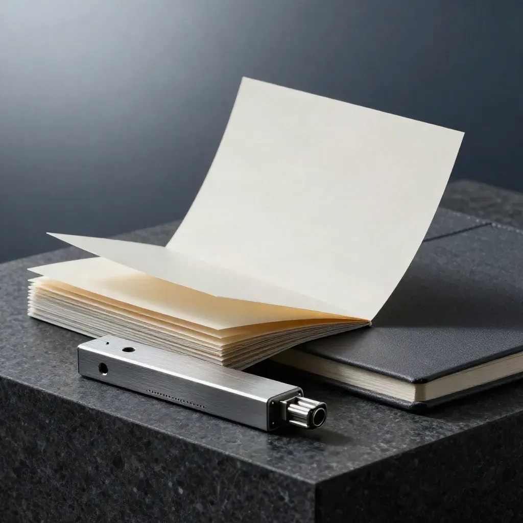 Brushed-aluminium planning kit with tracing paper, notebook and connector block on dark stone.