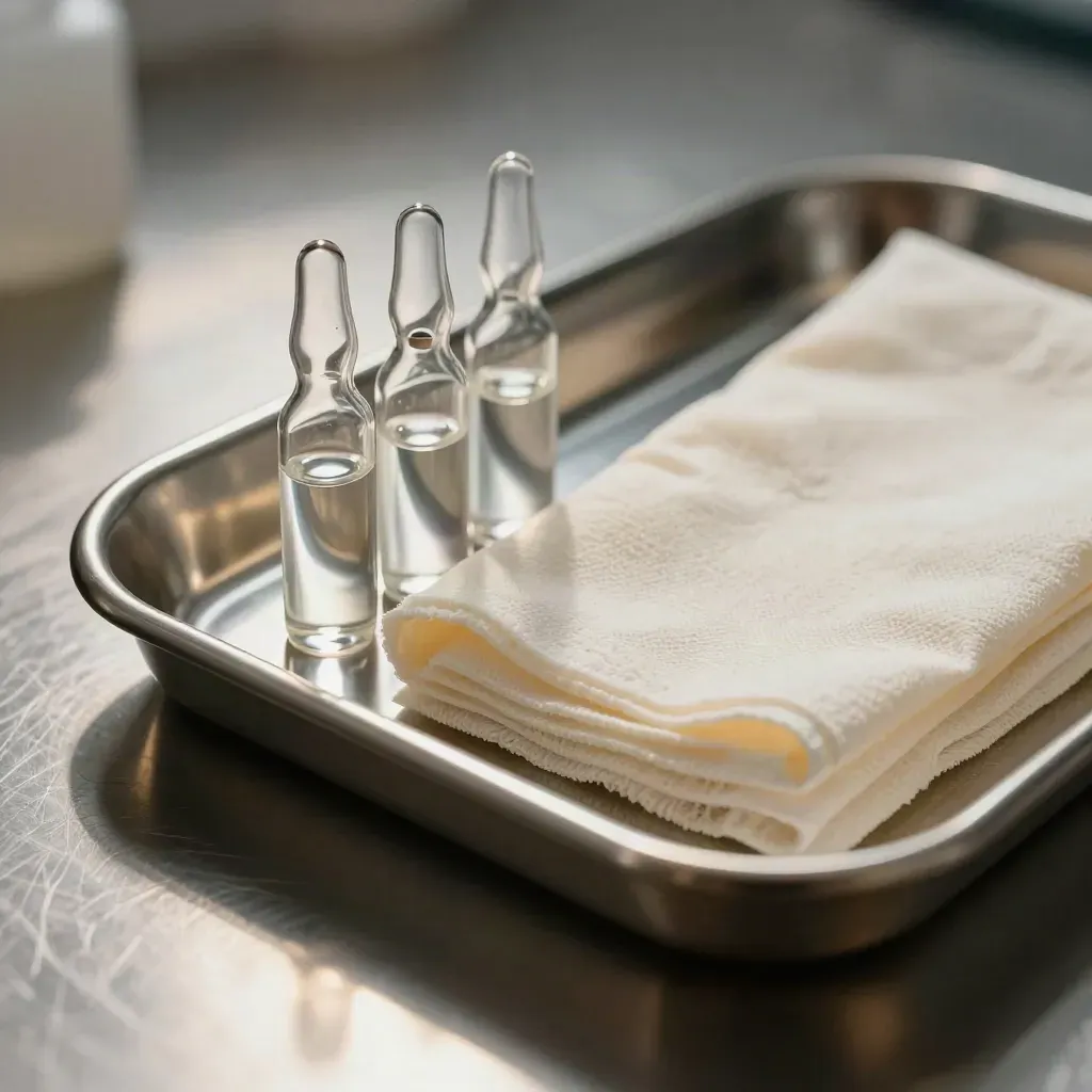 Stainless medicine tray with glass ampoules and folded gauze in dramatic macro light.