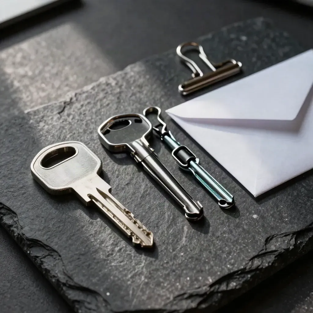 Top-down macro of hardware key, cable clips, and sealed envelope clip on black stone.