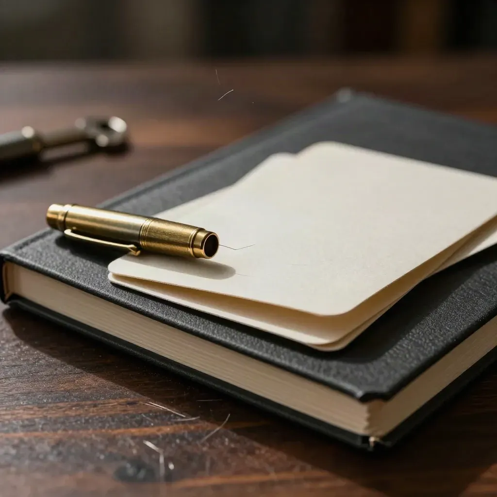 Closed sketchbook, brass pen cap and folded prototype cards on dark wood