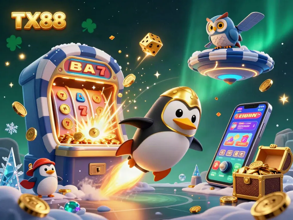 Spin and win at TX88, featuring a 3D golden penguin and jackpot slot machine among casino thrills