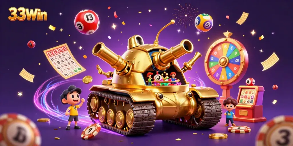 Experience the excitement of 33Win with a golden beetle tank casino illustration, celebrating gaming and luck!