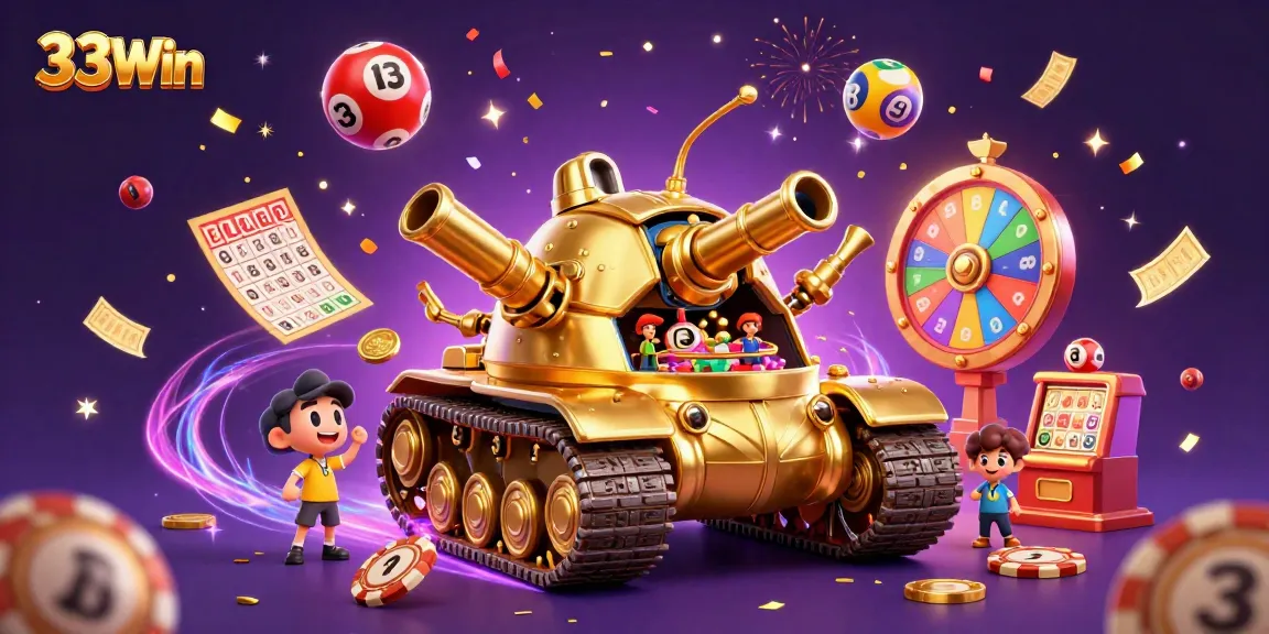 Experience the excitement of 33Win with a golden beetle tank casino illustration, celebrating gaming and luck!