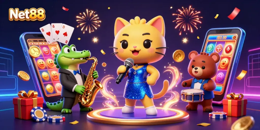 Experience thrilling gameplay at Net88 with vibrant casino characters and dynamic game elements.