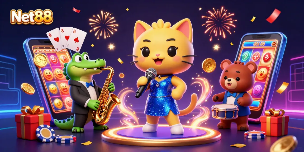 Experience thrilling gameplay at Net88 with vibrant casino characters and dynamic game elements.