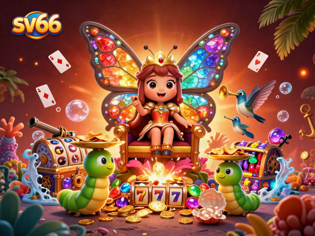 Experience the vibrant slots action at sv66 featuring a colorful butterfly queen and rich casino elements.