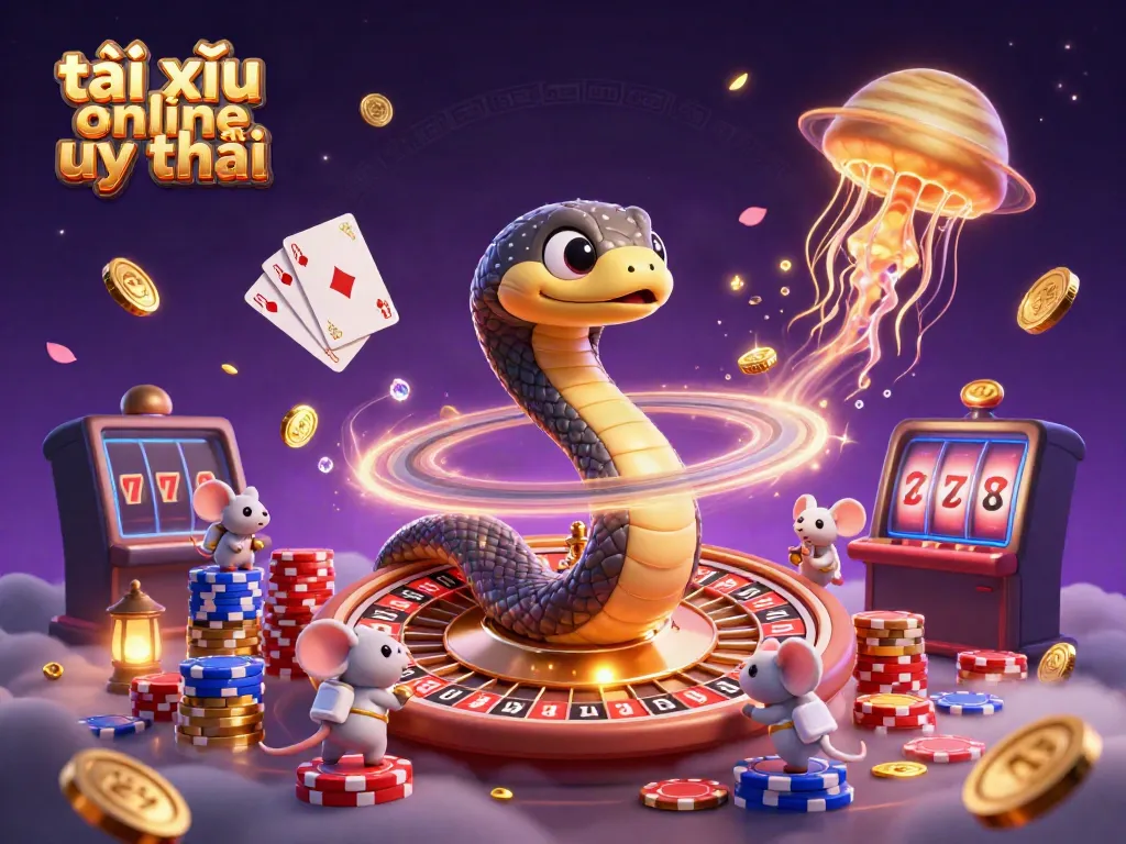 Engage with the thrilling scene of tài xỉu online uy tín, featuring a cosmic roulette and betting astronaut mice.