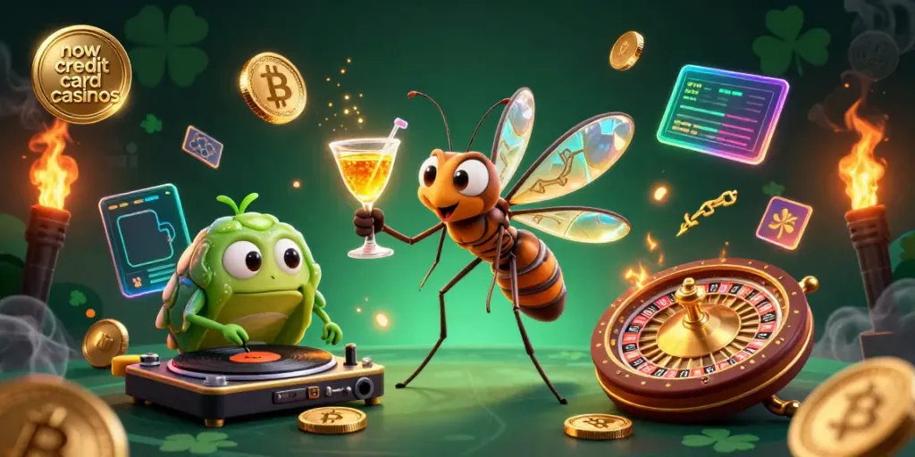Experience the excitement of new credit card casinos with unique casino characters and glowing crypto elements.