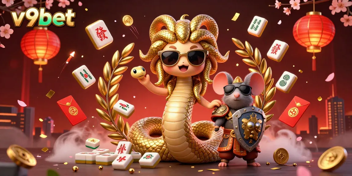 Experience V9BET with this captivating illustration featuring Medusa and a mouse warrior in a lively casino atmosphere.